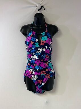 Anne Cole Navy Floral Halter One-Piece Swimsuit with Multicolor Flowers